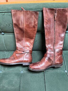 Cole Haan Brown Leather Tall Riding Boots Women’s 6B Side Zip Wrap Strap